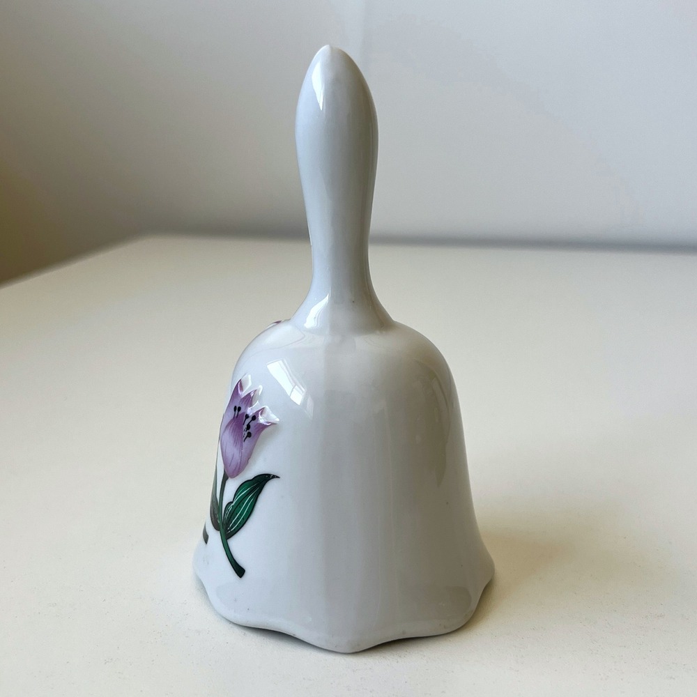 Vintage Taiwan Porcelain Bell Purple Tulip Floral Ceramic Hand Bell - Picture 3 of 14